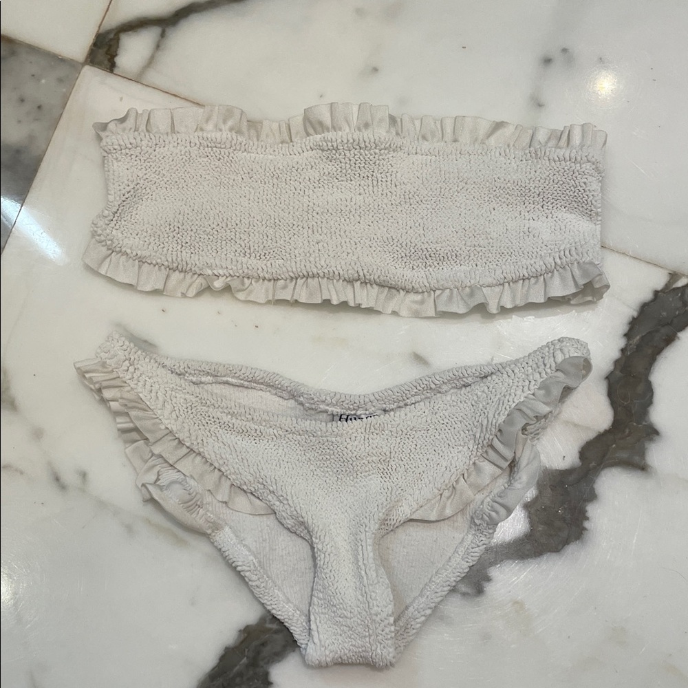 Hunza G White Ruffled Smocked Bikini Set - Bandeau Top & Bottom